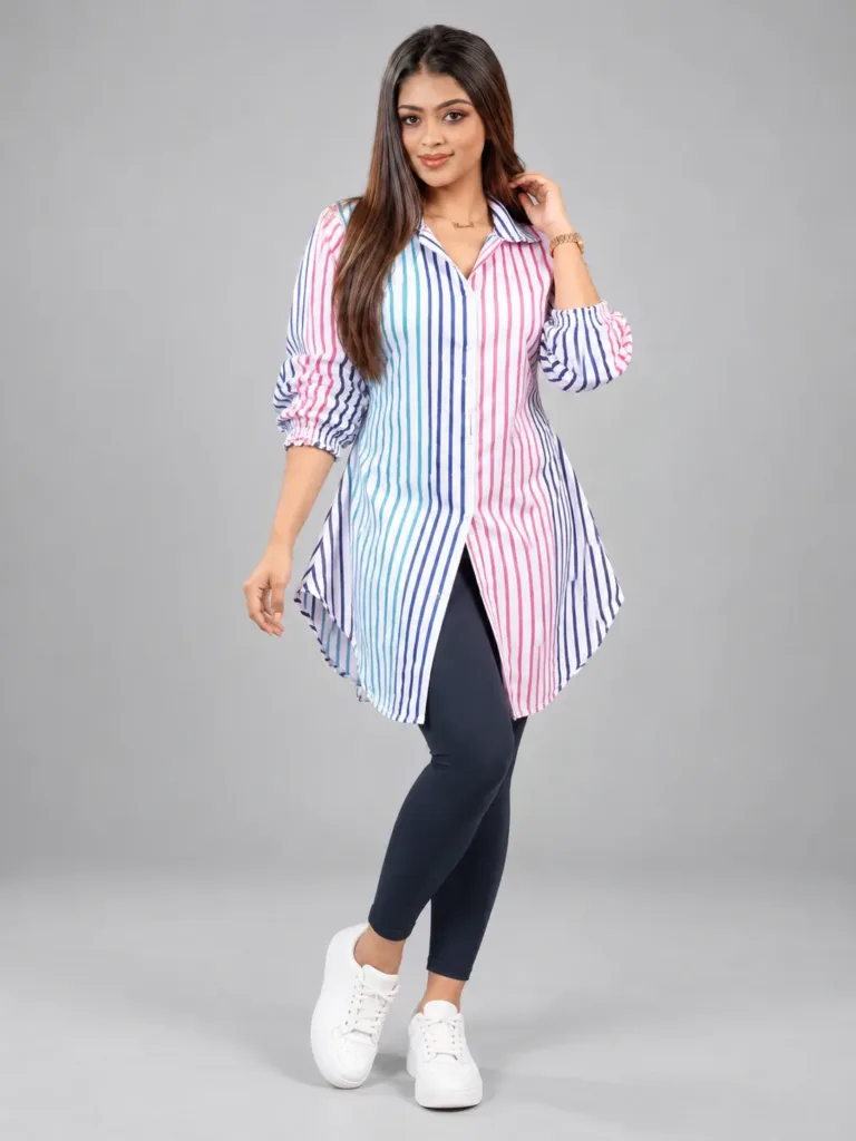 Multicolour Striped Button-Front Tunic Shirt